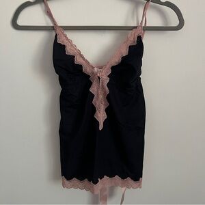 Jezebel Y2K Black Spaghetti Strap Cami with Pink Lace and Pink Bow-Size Medium